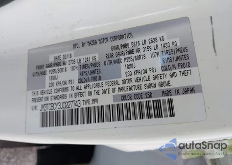 2018 Mazda Cx-9 Touring z USA, uszkodzony, nr VIN JM3TCBCY3J0227743